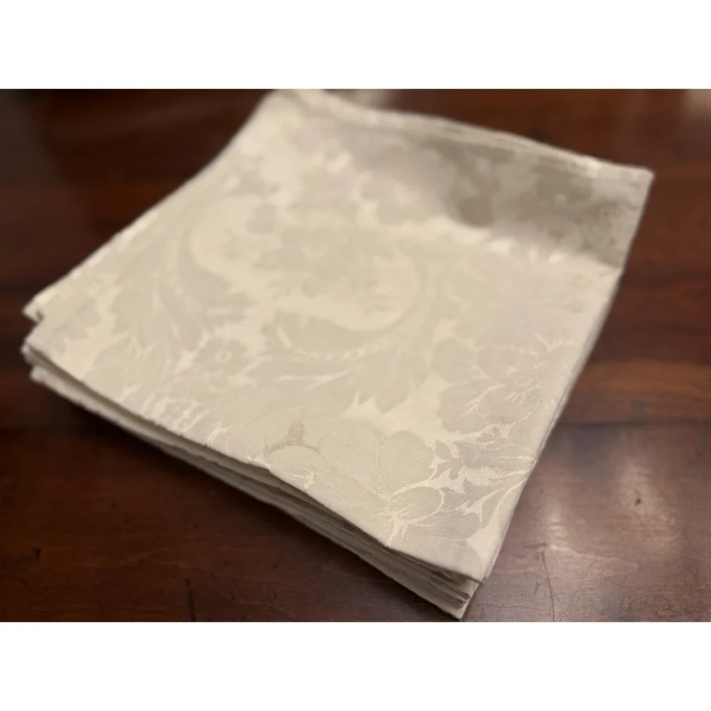 Set of 12 Waterford Linens Cream Damask Dinner Napkins Floral Scroll Formal MCM